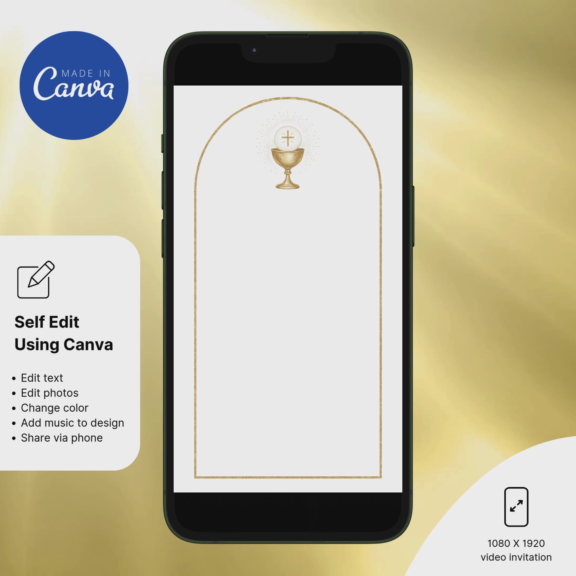 Elegant First Holy Communion invitation with soft neutral colors and religious design