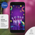 Editable bowling party invitation Canva template preview