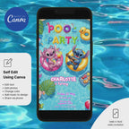 Summer pool party invitation with tropical Hawaiian theme