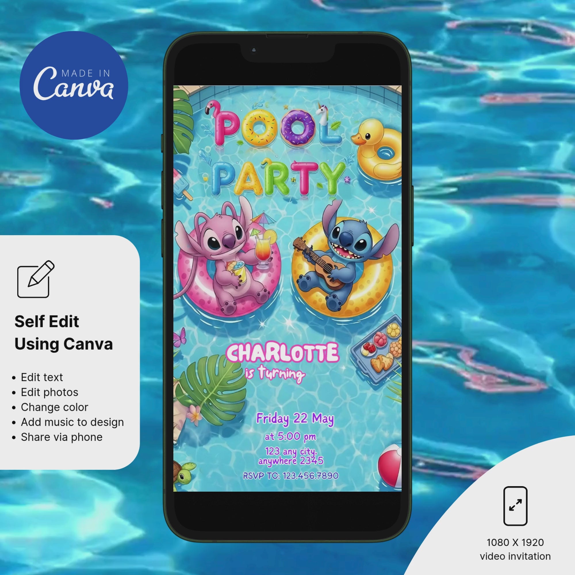 Summer pool party invitation with tropical Hawaiian theme