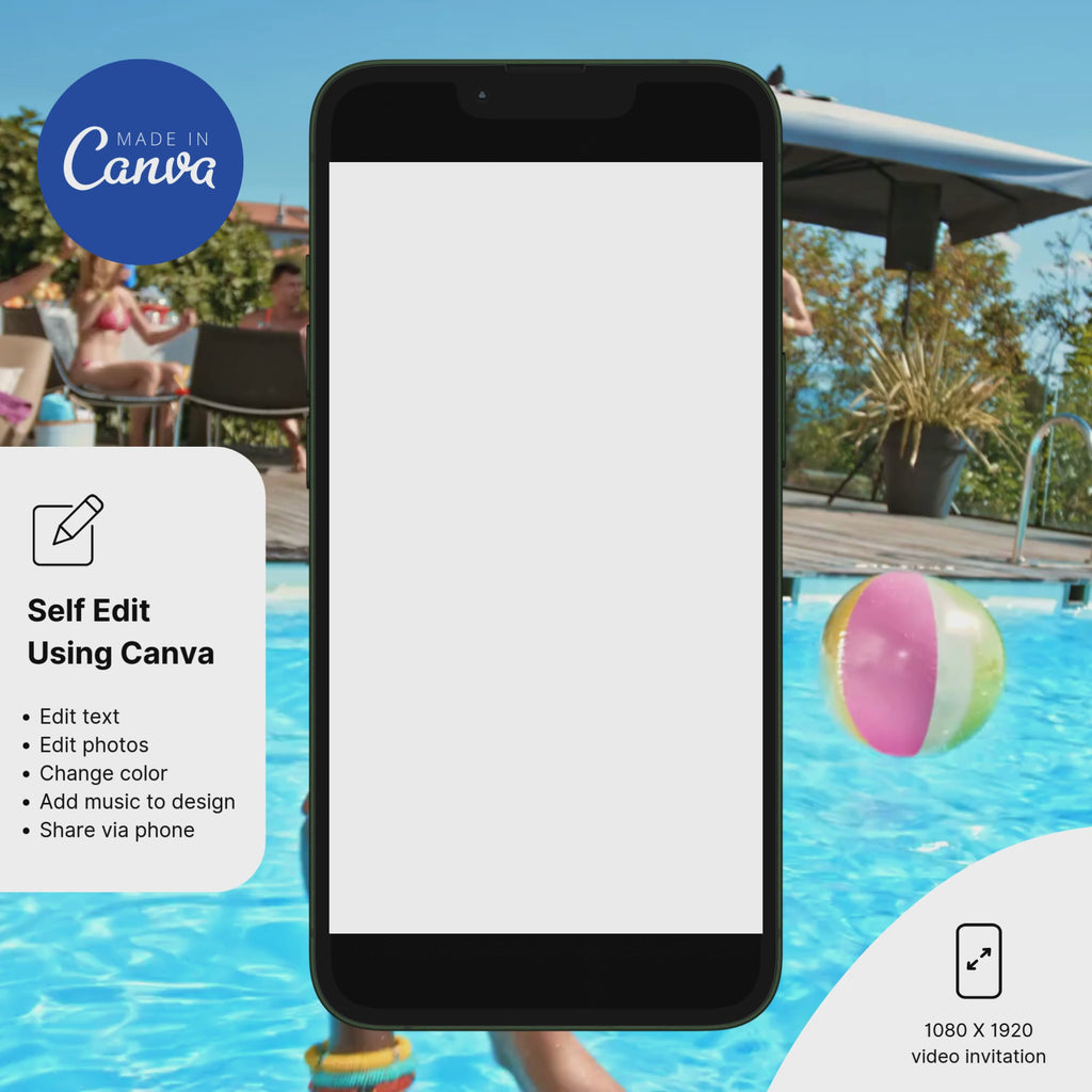 Editable Canva Pool Party Invitation card for birthday celebration