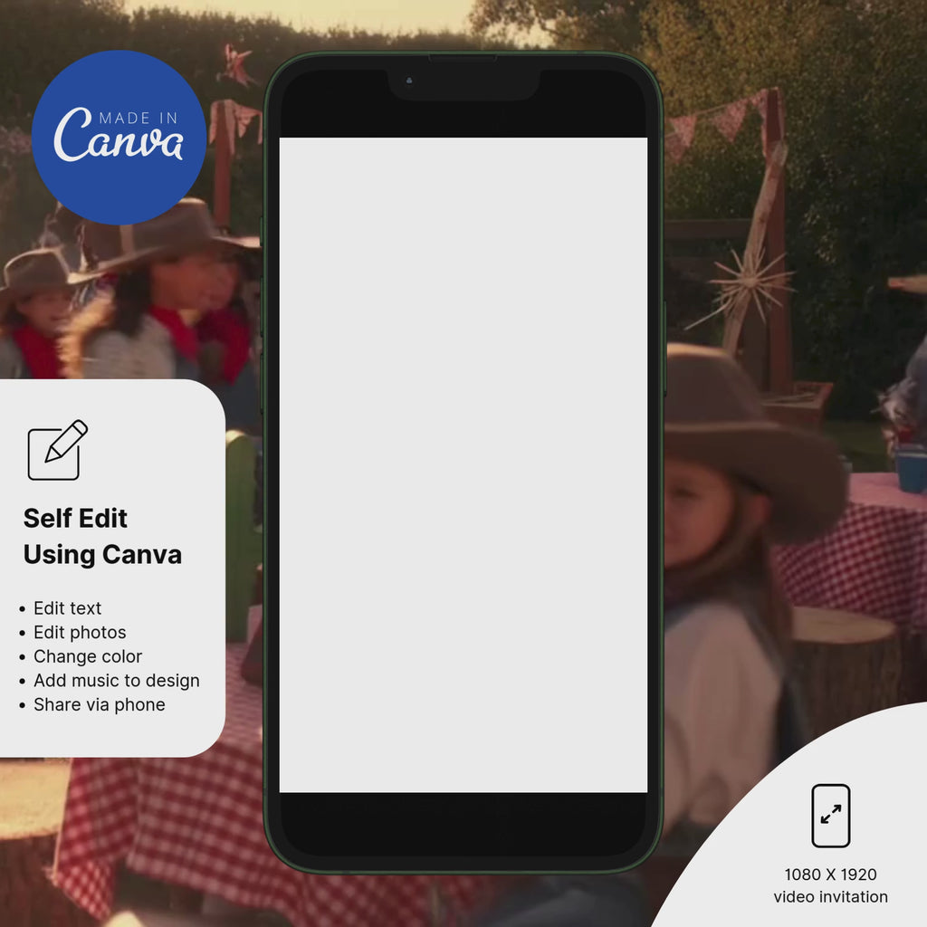 Cowboy baby shower invitation with rustic western theme, cowboy hat and boots design