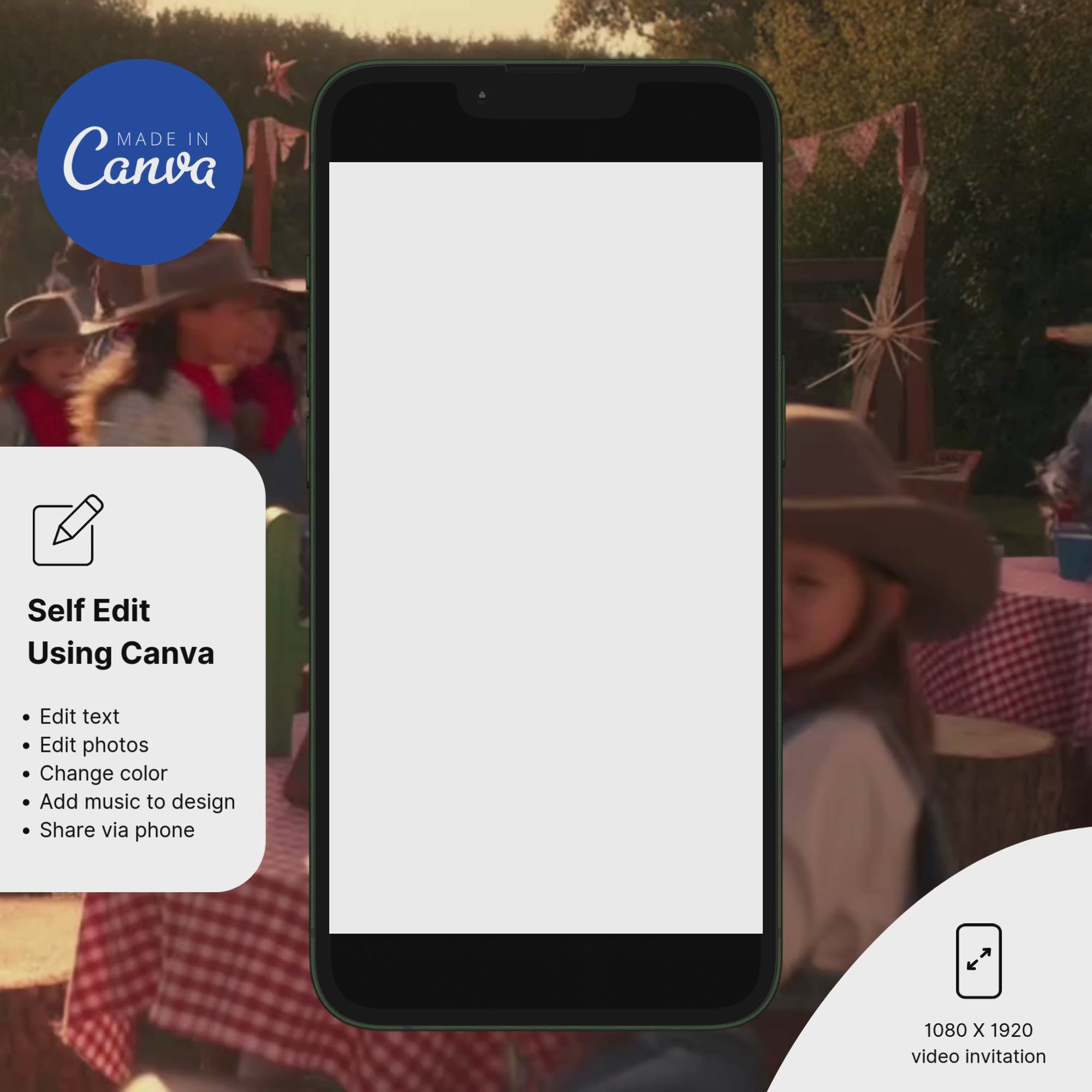 Cowboy baby shower invitation with rustic western theme, cowboy hat and boots design