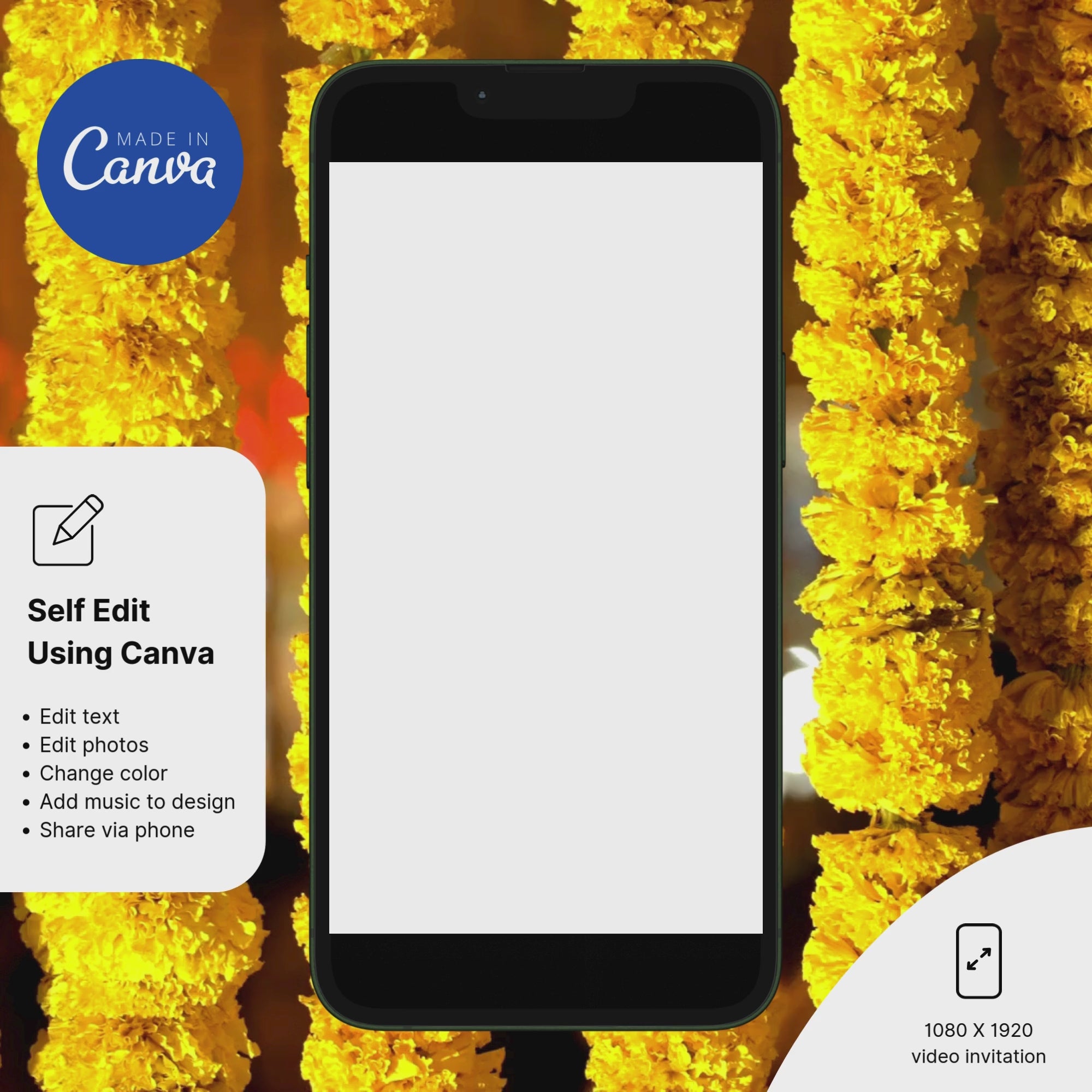 Traditional Haldi Kumkum Invitation with marigold and diya design