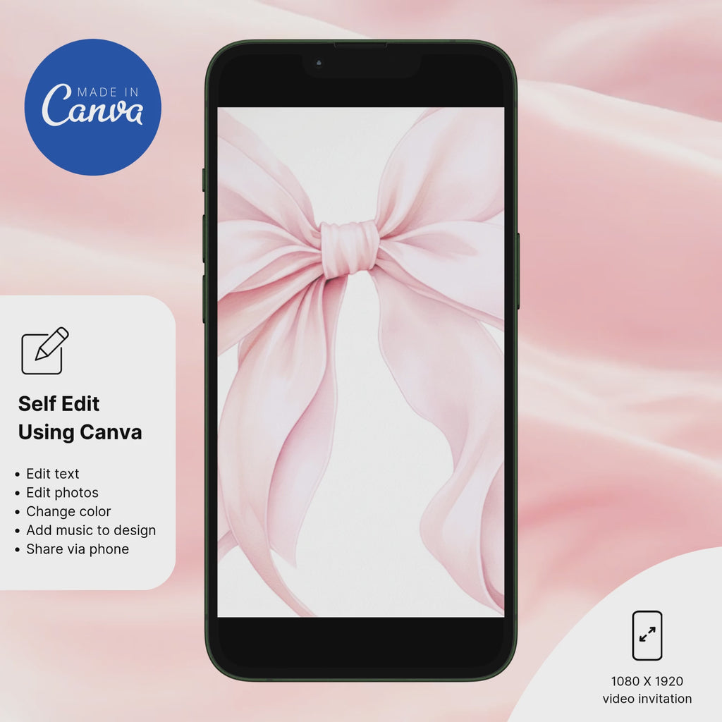 Blush Pink Bow Baby Shower Invitation Template | Editable Canva Design