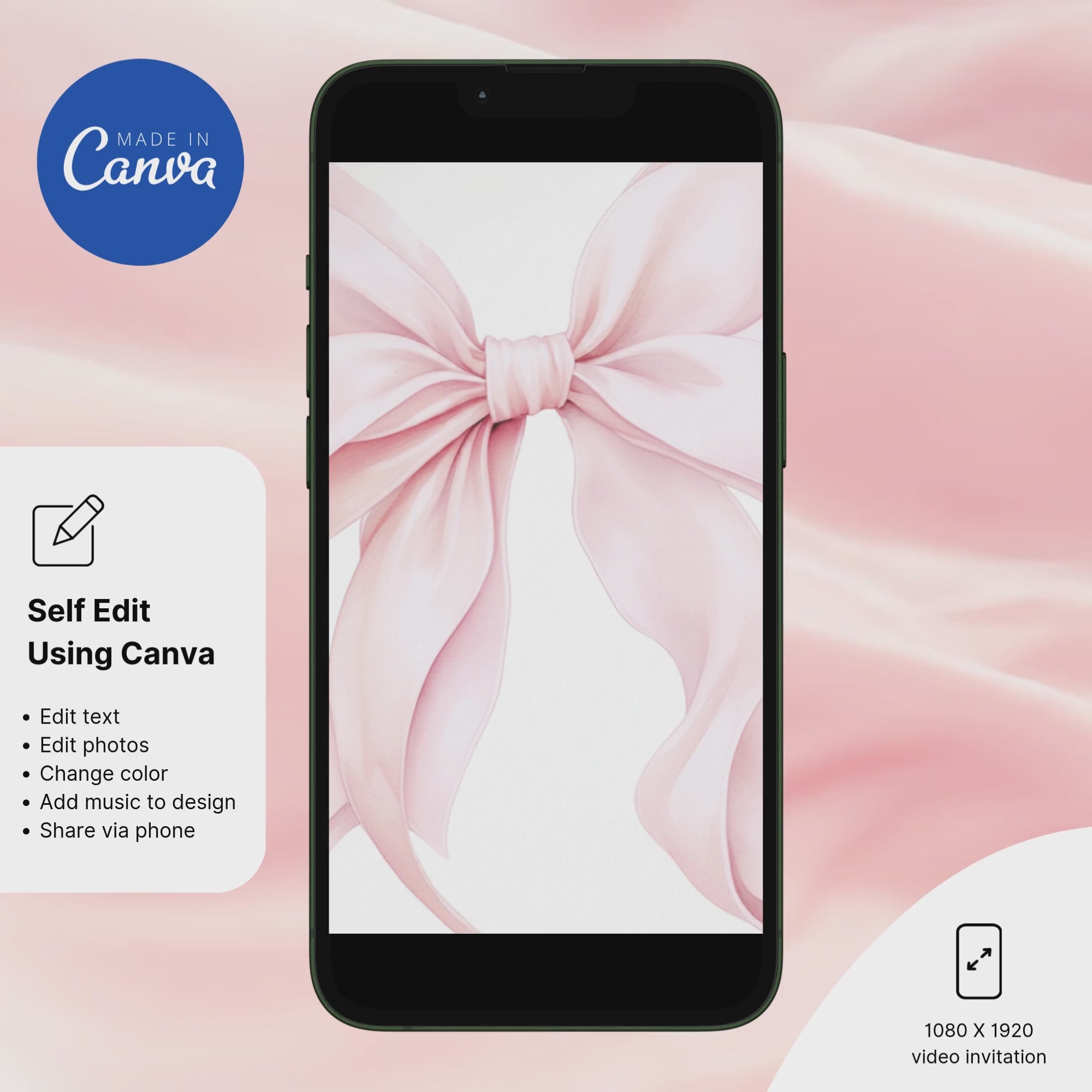 Blush Pink Bow Baby Shower Invitation Template | Editable Canva Design